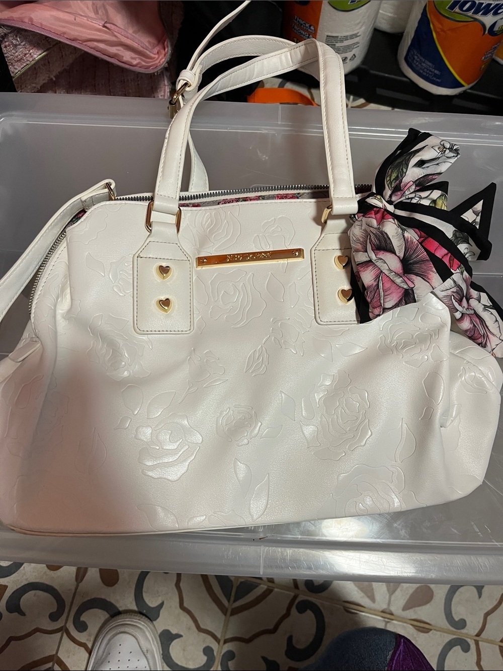 Betsey Johnson White Embossed Rose Satchel with Floral Scarf Accent